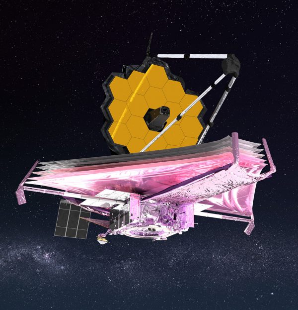 Illustration of the James Webb Space Telescope showing its hexagon imaging mirrors and triangular body heat shield imaged in space.